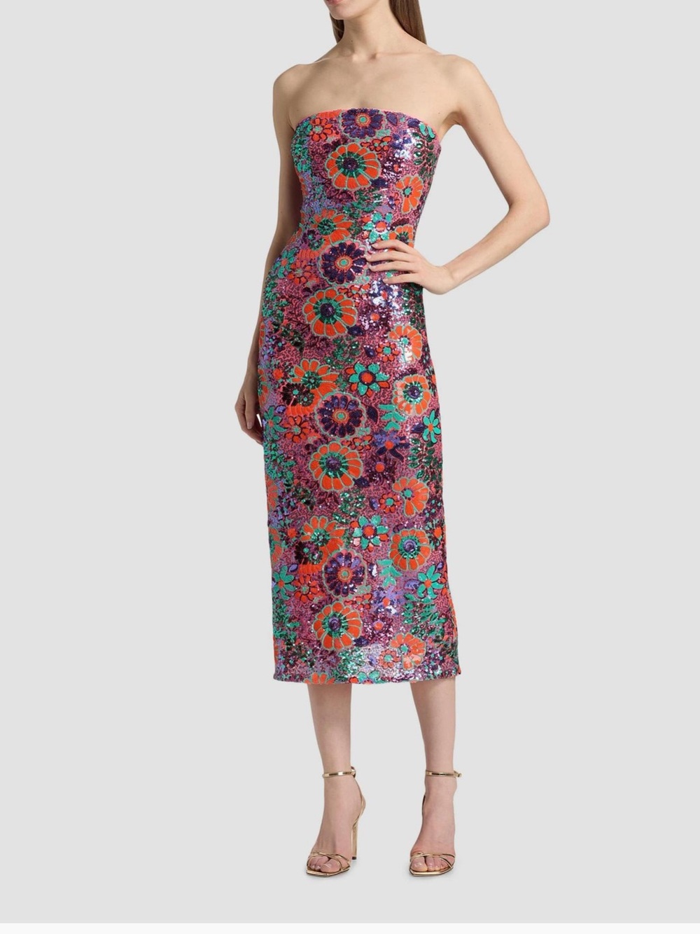 Ramy Brook Strapless Floral Sequin Midi Dress in Pink, Orange & Green